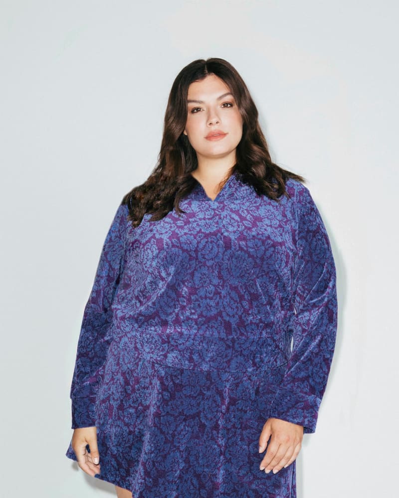 Front of a model wearing a size 3X Floral Cropped Hoodie in Blue by Hilary MacMillan. | dia_product_style_image_id:314218